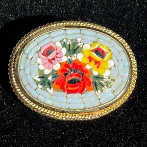 Vintage Gold-Tone Floral Micro Mosaic Oval Brooch